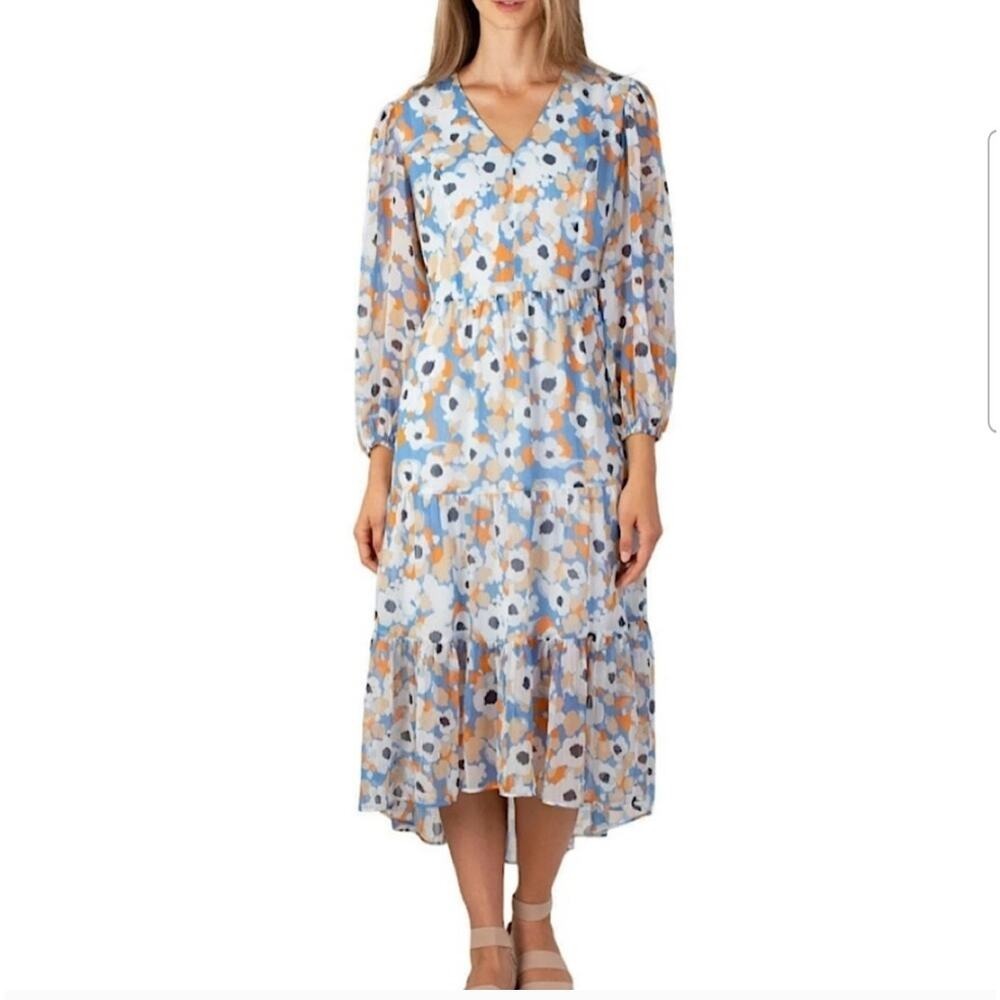 Joie Floral Field Tiered Midi Dress M Boho Blue Cottagecore Lightweight Flowy